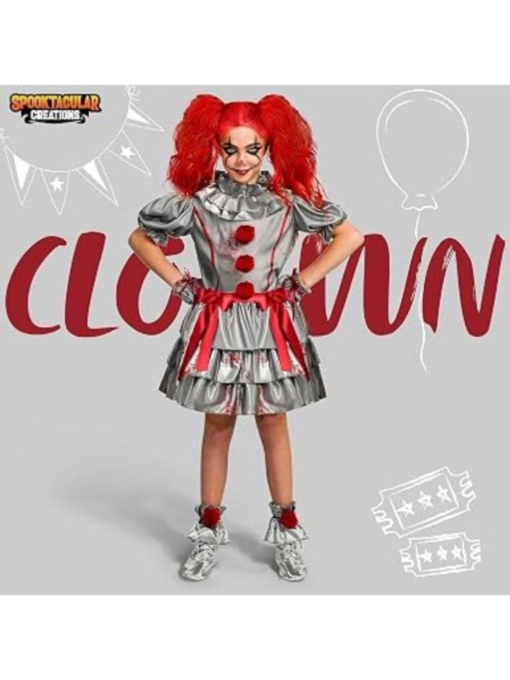 Spooktacular Creations Girls Clown Costume Dress Halloween Scary Jester Gray XL